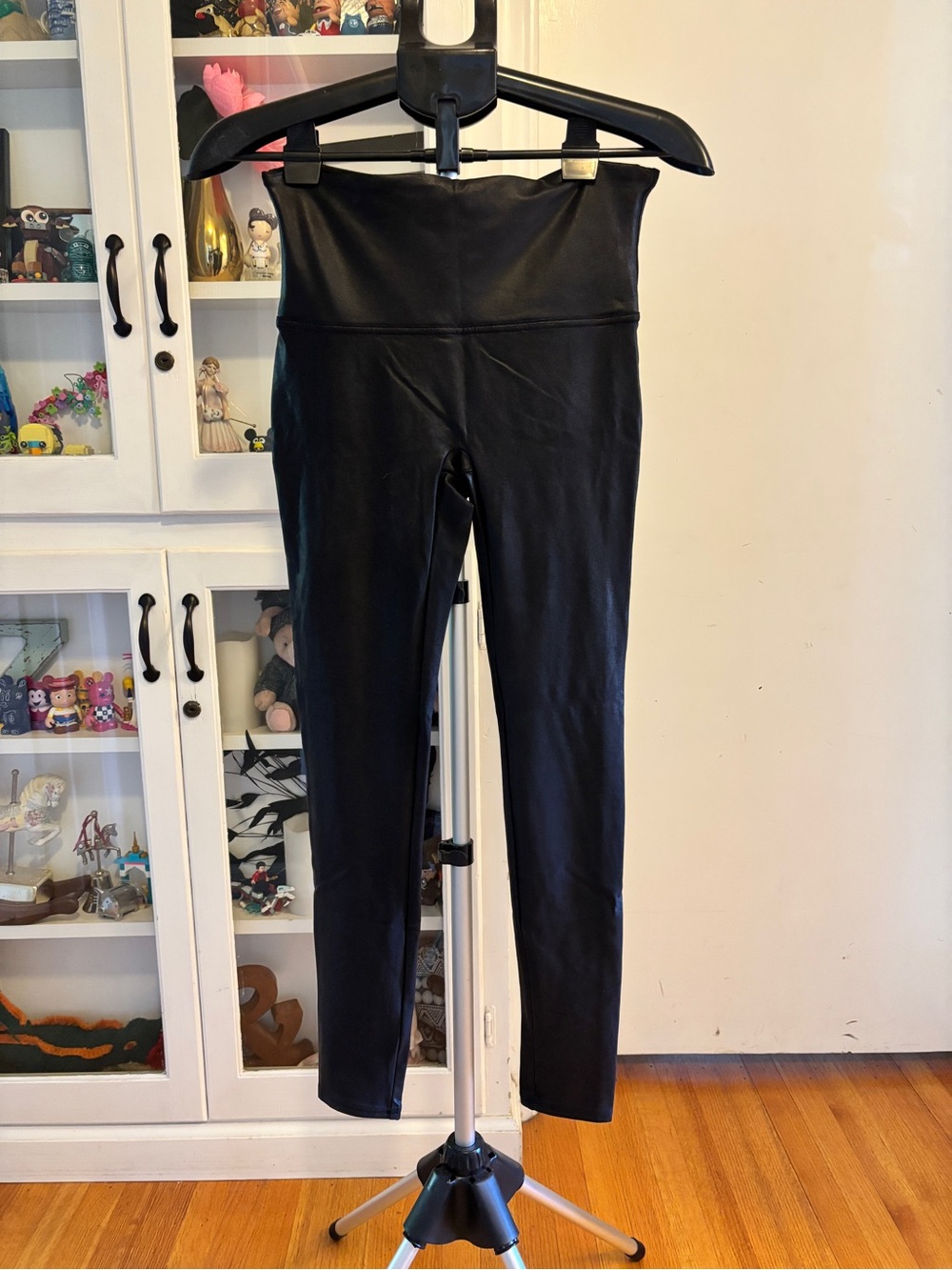 SPANX Black Faux-Leather Leggings with Red Brand Tag
